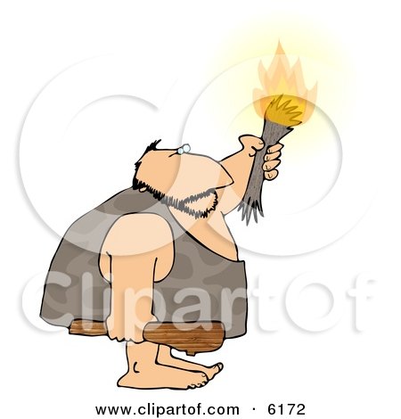 Caveman Holding a Club Weapon and Lit Torch Clipart Picture by djart