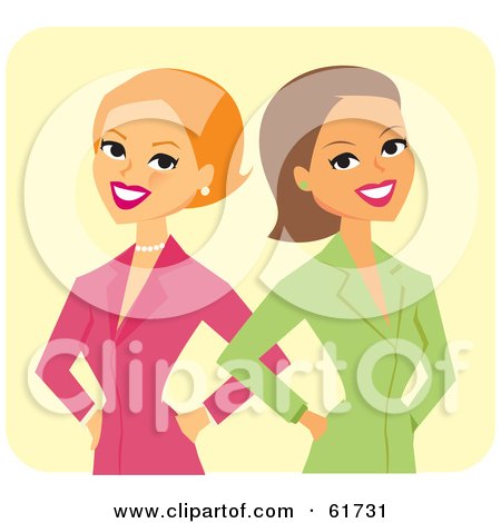Royalty-free (RF) Clipart Illustration of a Female Business Team, Or Competitors, Standing Back To Back by Monica