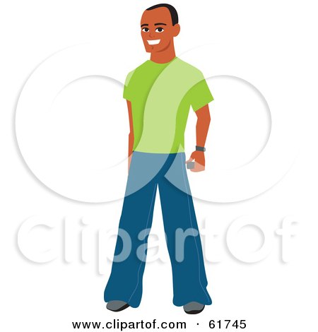 Royalty-free (RF) Clipart Illustration of a Friendly Casual African American Man Wearing Jeans And A Green Shirt by Monica