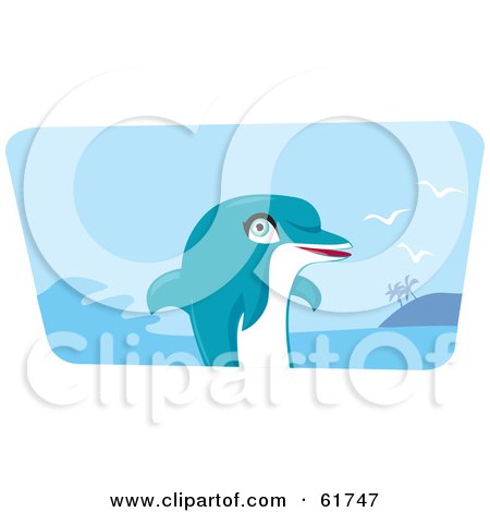 Royalty-free (RF) Clipart Illustration of a Cute Blue Dolphin Swimming Near An Island by Monica