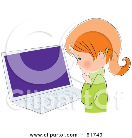 Royalty-free (RF) Clipart Illustration of a Cute Little Red Head Caucasian Girl Standing Before A Laptop by Monica