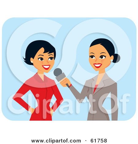 Royalty-free (RF) Clipart Illustration of a Friendly Hispanic News Reporter Interviewing Another Woman by Monica