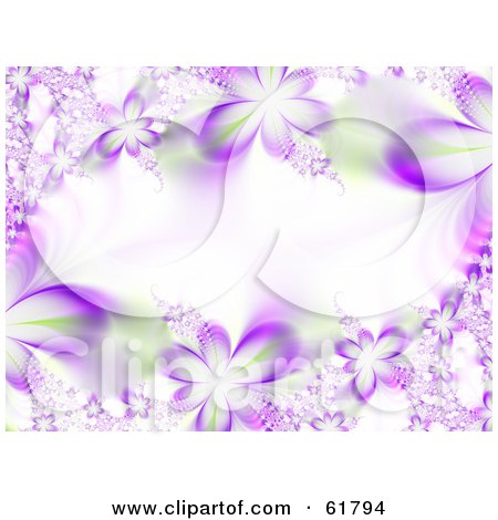 Royalty-free (RF) Clipart Illustration of a Horizontal Background Of Purple Flower Fractals With Green Accents by ShazamImages