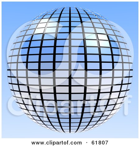 Royalty-free (RF) Clipart Illustration of a 3d Tiled Blue Mirror Disco Ball On Blue by ShazamImages