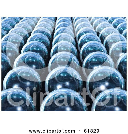 Royalty-free (RF) Clipart Illustration of 3d Rows Of Reflective Blue Orbs Arranged In Neat Lines by ShazamImages
