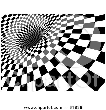 Royalty-free (RF) Clipart Illustration of a Black And White Checker Background With The Tiles Being Sucked Down Into A Hole - Version 1 by ShazamImages