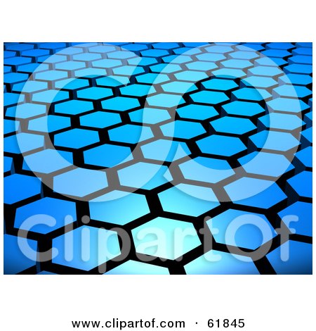 Royalty-free (RF) Clipart Illustration of a Background Of 3d Blue Hexagon Tiles Arranged In Formation With Black Grout by ShazamImages