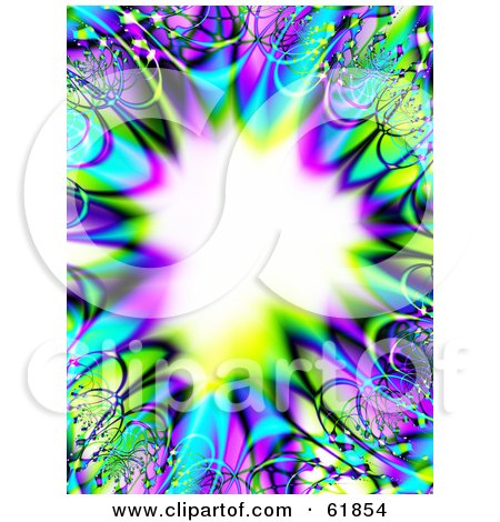 Royalty-free (RF) Clipart Illustration of a Colorful Fractal Border Of Blue, Green And Purple Around A Bursting Center by ShazamImages