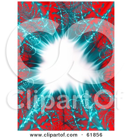 Royalty-free (RF) Clipart Illustration of a Blue And Red Fractal Explosion Background With A White Center - Version 2 by ShazamImages