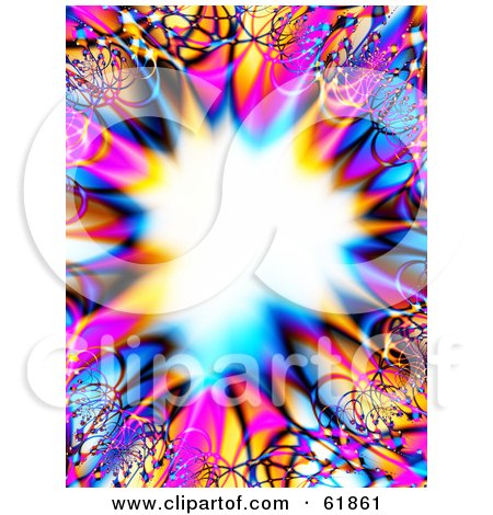 Royalty-free (RF) Clipart Illustration of a Colorful Fractal Border Of Pink, Blue And Orange Around A Bursting Center by ShazamImages
