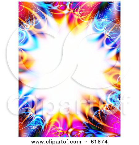 Royalty-free (RF) Clipart Illustration of a Bursting White Background With A Colorful Fractal Border Of Pink, Blue And Orange by ShazamImages