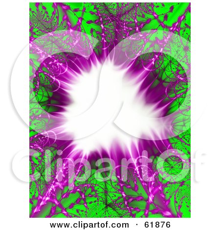 Royalty-free (RF) Clipart Illustration of a Purple And Green Fractal Explosion Background With A White Center by ShazamImages