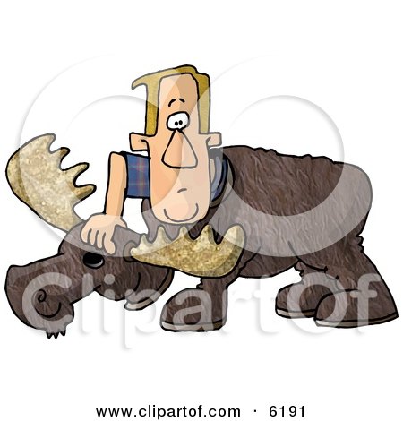Man Putting On a Realistic Halloween Moose Costume Clipart Picture by djart