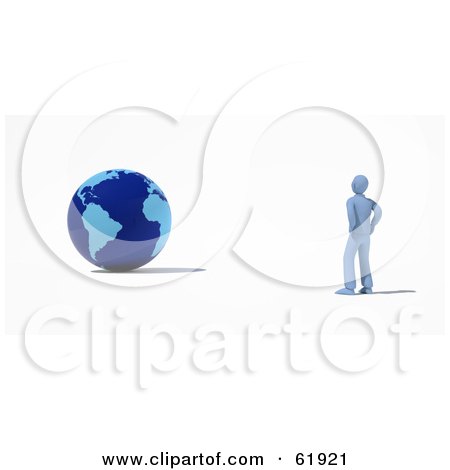 Royalty-free (RF) Clipart Illustration of a 3d Gray Man Standing And Looking At A Blue Globe by chrisroll
