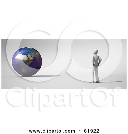Royalty-free (RF) Clipart Illustration of a Male Environmentalist Standing And Facing A 3d Globe by chrisroll