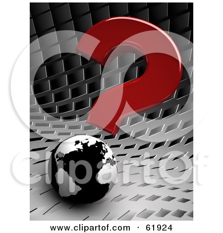 Royalty-free (RF) Clipart Illustration of a Red Question Mark Over A 3d Black And White Globe On A Gray Tiled Background by chrisroll