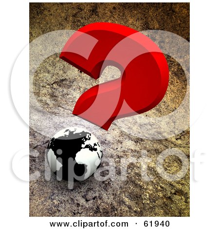 Royalty-free (RF) Clipart Illustration of a Red Question Mark Over A 3d Black And White Globe On A Cement Background by chrisroll