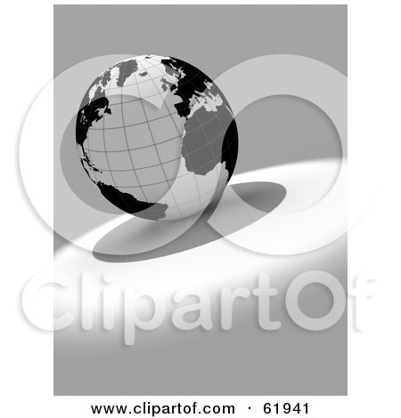 Royalty-free (RF) Clipart Illustration of a Black And White 3d Grid Globe On A Gray And White Background - Version 2 by chrisroll
