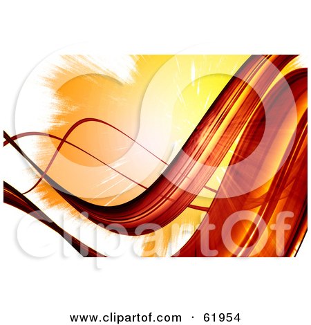 Royalty-free (RF) Clipart Illustration of a Background Of Flowing Red Waves Against White And An Orange Burst by chrisroll