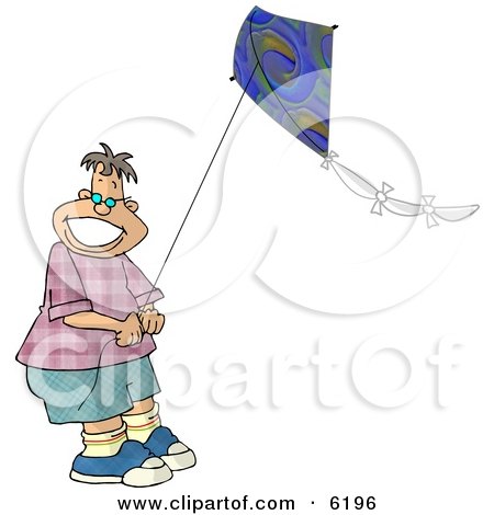 Happy Teenage Boy Flying a Kite in Windy Weather Clipart Picture by djart