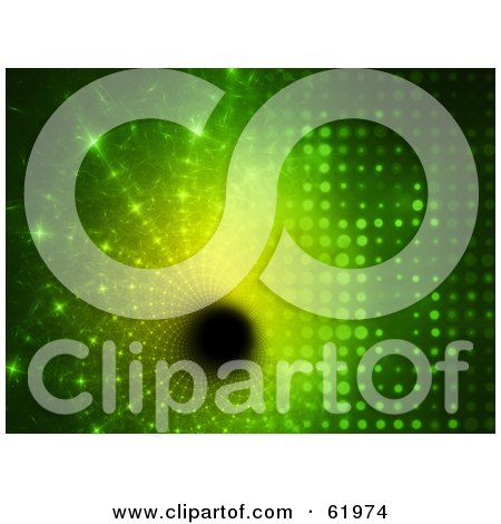 Royalty-free (RF) Clipart Illustration of a Futuristic Glowing Green Halftone Background Flowing Off Into A Tunnel by chrisroll
