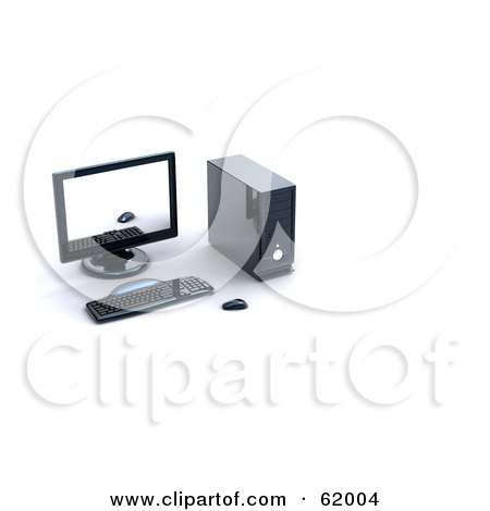 Royalty-free (RF) Clipart Illustration of a 3d Black Computer Screen, Keyboard, Mouse And Tower by chrisroll