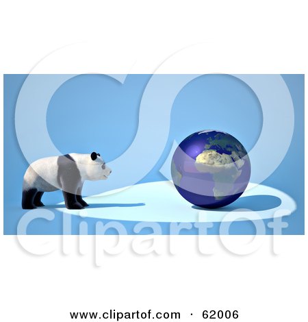 Royalty-free (RF) Clipart Illustration of a Giant Panda Facing A Blue 3d Globe On A Blue Background by chrisroll
