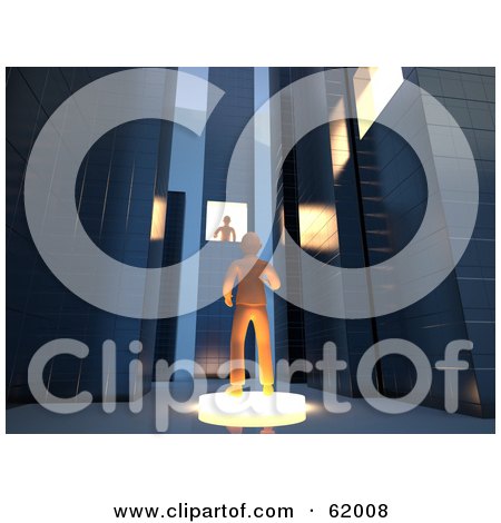 Royalty-free (RF) Clipart Illustration of a 3d Judge Looking Out Of A Window In A Skyscraper On A Guilty Person by chrisroll