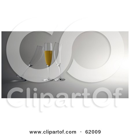 Royalty-free (RF) Clipart Illustration of Two 3d Empty Glasses Cuddling Up To A Champagne Filled Flute by chrisroll