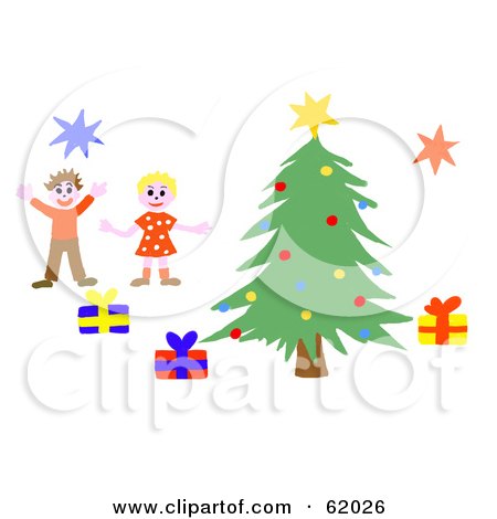 Royalty-free (RF) Clipart Illustration of Two Happy Children Jumping By A Christmas Tree by chrisroll