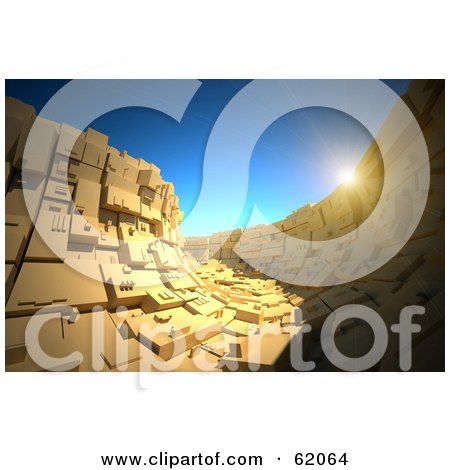 Royalty-free (RF) Clipart Illustration of The Sun Shining Over A Tiled Wall Of A Futuristic Canal by chrisroll