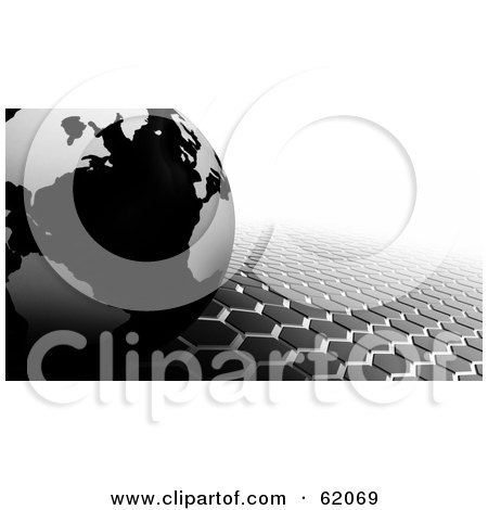 Royalty-free (RF) Clipart Illustration of a Black And Gray 3d Globe On A Hexagon Tiled Gray And White Background by chrisroll