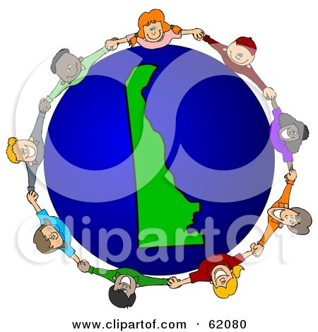 Royalty-Free (RF) Clipart Illustration of a Circle Of Children Holding Hands Around A Delaware Globe by djart