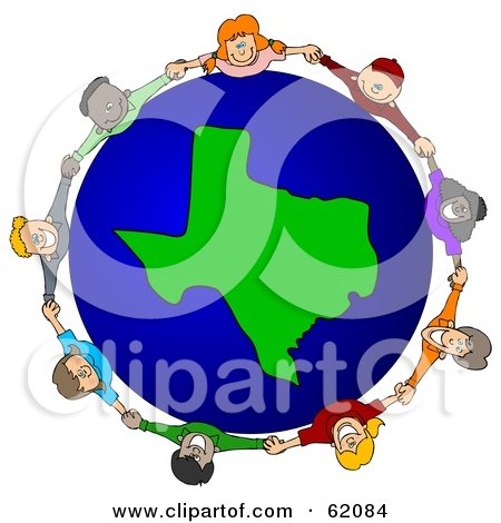 Royalty-Free (RF) Clipart Illustration of a Circle Of Children Holding Hands Around A Texas Globe by djart