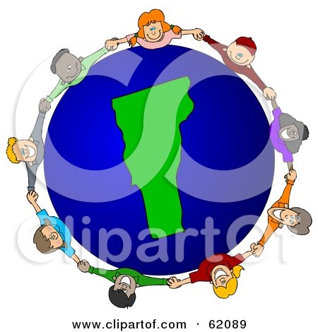 Royalty-Free (RF) Clipart Illustration of a Circle Of Children Holding Hands Around A Vermont Globe by djart