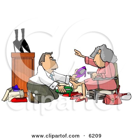 Shoe Salesman Helping an Elderly Woman Pick Out a New Pair of Shoes Clipart Picture by djart