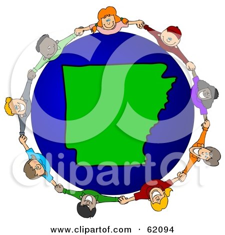 Royalty-Free (RF) Clipart Illustration of a Circle Of Children Holding Hands Around An Arkansas Globe by djart