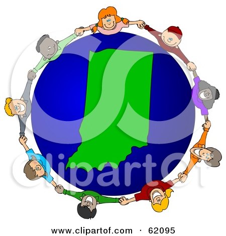 Royalty-Free (RF) Clipart Illustration of a Circle Of Children Holding Hands Around An Indiana Globe by djart