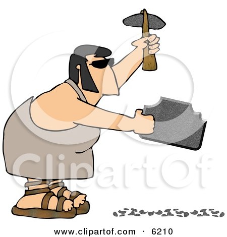 Prehistoric, Elvis Lookalike, Caveman Shaping a Rock with a Hammer Tool Clipart Picture by djart