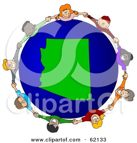 Royalty-Free (RF) Clipart Illustration of a Circle Of Children Holding Hands Around An Arizona Globe by djart
