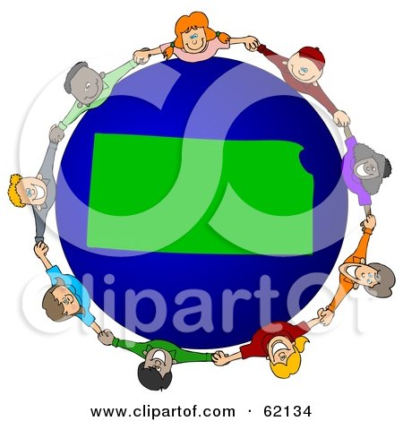 Royalty-Free (RF) Clipart Illustration of a Circle Of Children Holding Hands Around A Kansas Globe by djart