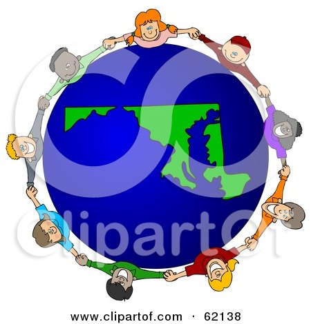 Royalty-Free (RF) Clipart Illustration of a Circle Of Children Holding Hands Around A Maryland Globe by djart