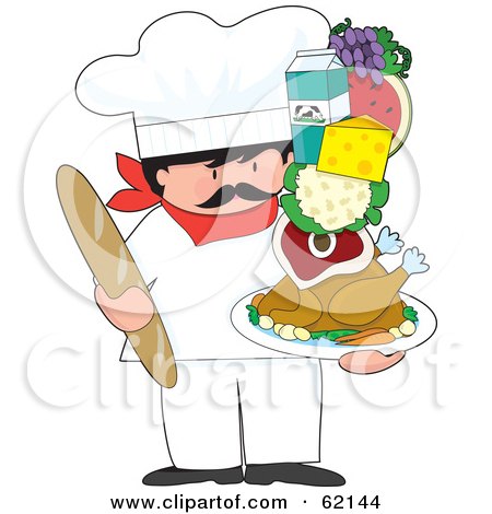 Royalty-Free (RF) Clipart Illustration of a Male Chef Holding Bread And A Stack Of Food On A Tray by Maria Bell