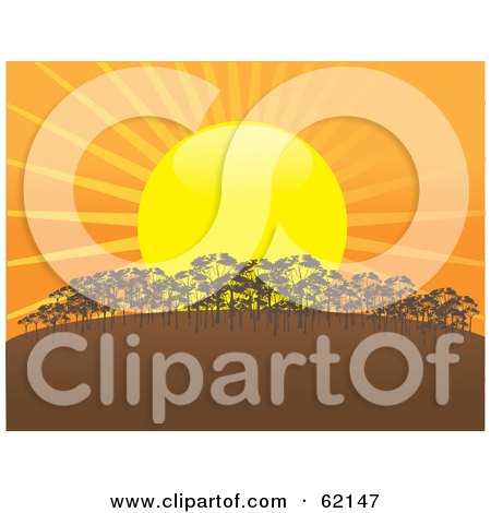 Royalty-Free (RF) Clipart Illustration of a Giant Sun Setting In Orange And Yellow Behind A Grove Of Trees On A Hill by Maria Bell