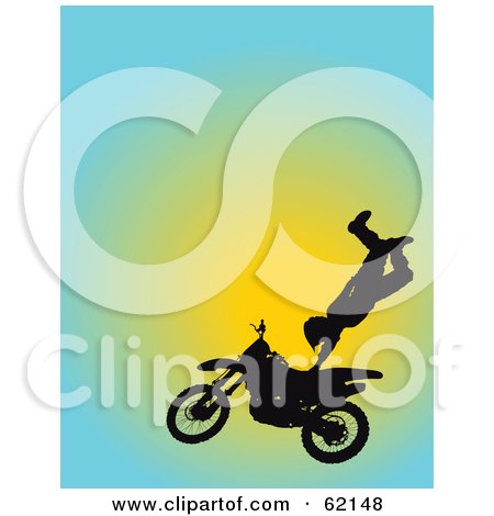 Royalty-Free (RF) Clipart Illustration of a Silhouetted Motocross Biker Catching Air And Doing A Stunt by Maria Bell