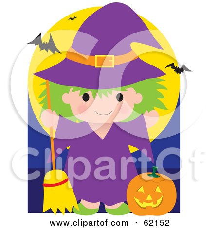 Royalty-Free (RF) Clipart Illustration of a Cute Little Halloween Witch With A Pumpkin, Bats Flying Above by Maria Bell