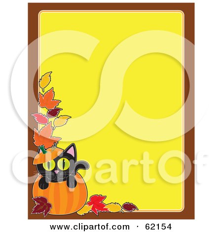 Royalty-Free (RF) Clipart Illustration of a Blank Yellow Background Bordered In Brown With Autumn Leaves And A Black Cat Popping Out Of A Pumpkin by Maria Bell