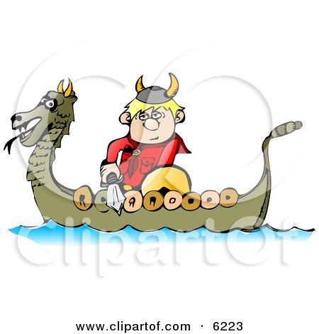 Viking Boy Traveling in a Dragon Boat While Armed with a Sword Clipart Picture by djart