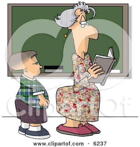 Female Teacher and Male Student Standing in Front of a Blank Chalkboard in a Classroom Clipart Picture by djart