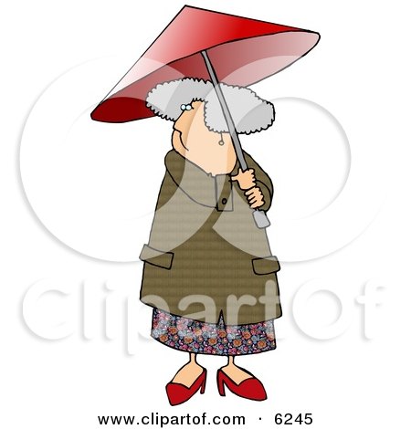 Gray Haired Senior Woman Walking With an Umbrella on a Rainy Day Clipart Picture by djart